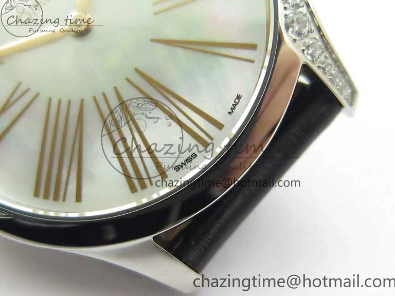 0811 Ladies’ De Ville Trésor Diamond SS 3AF 1:1 Best Edition White MOP Dial RG Markers On Black Fabric strap Swiss Quartz Comfortable 7884